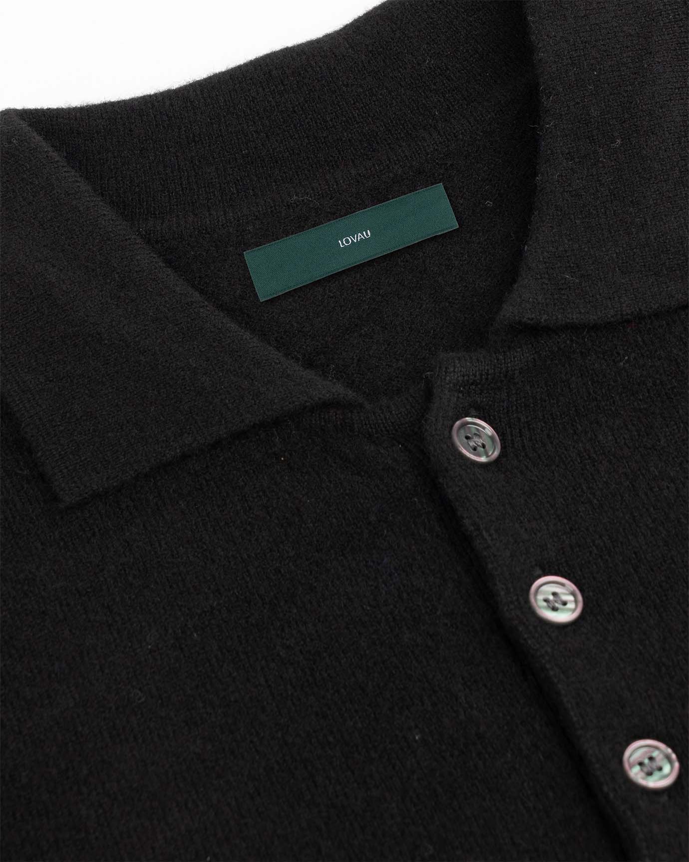 Black polo shirt with ribbed collar detail in silk‑cashmere
