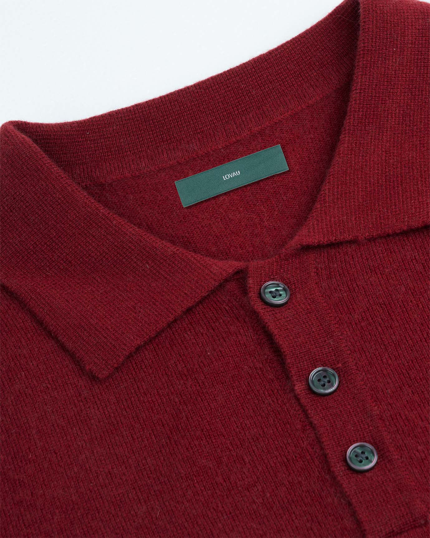 Deep red cashmere polo in claret with button collar