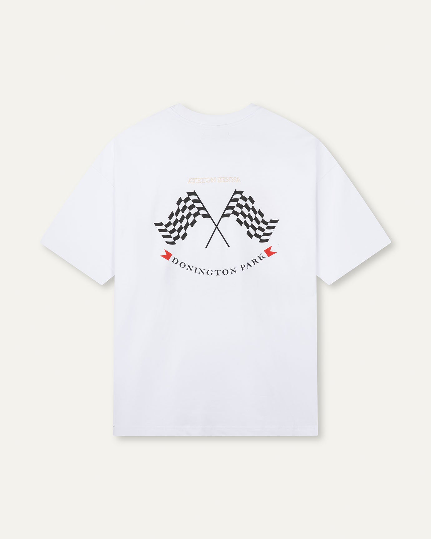 White t-shirt with checkered flag design on a white background
