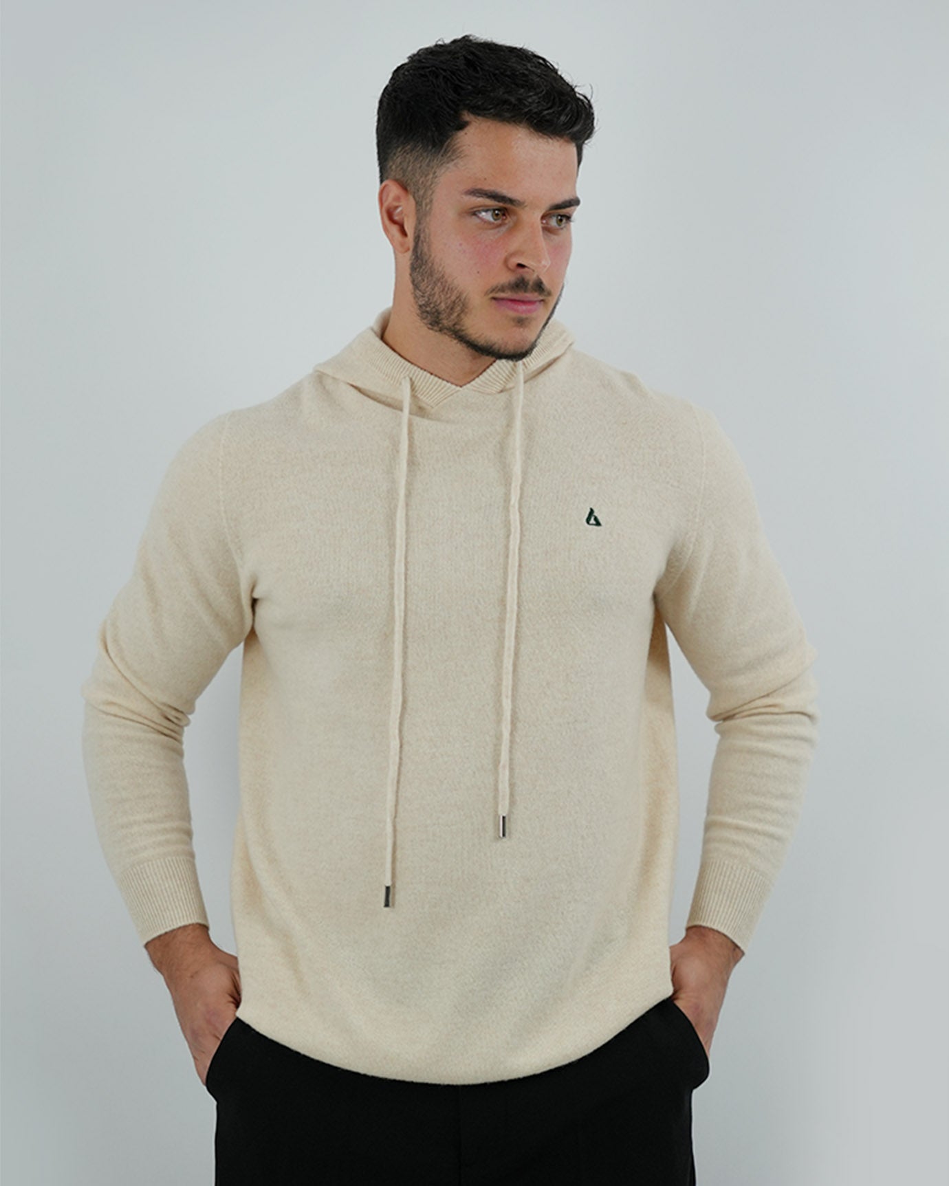 Designer wool hoodie in neutral beige with forest green branding