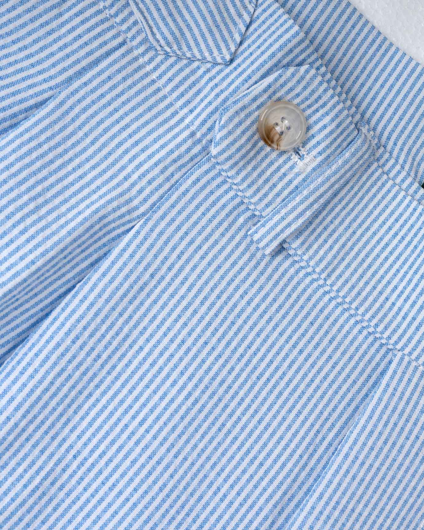 Stylish men's summer shorts with classic blue stripes, ideal for beach or poolside wear