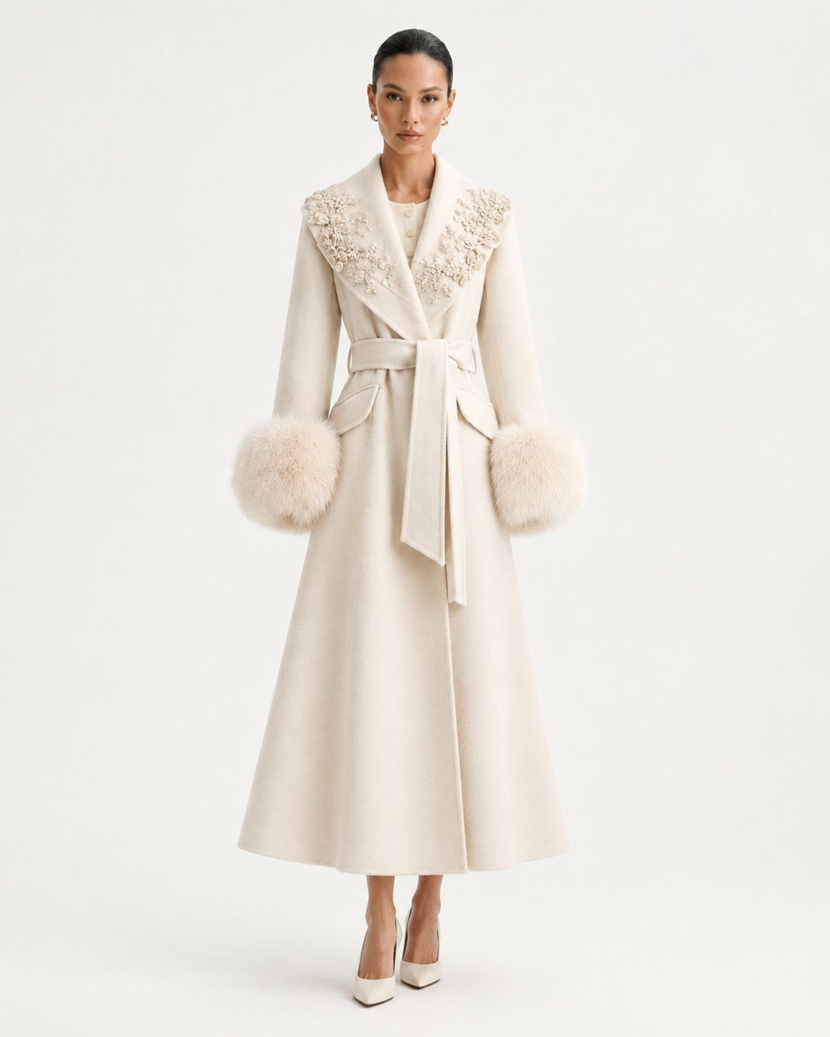 Hamptons Fox Fur Collar Embellished Wool Cashmere Coat