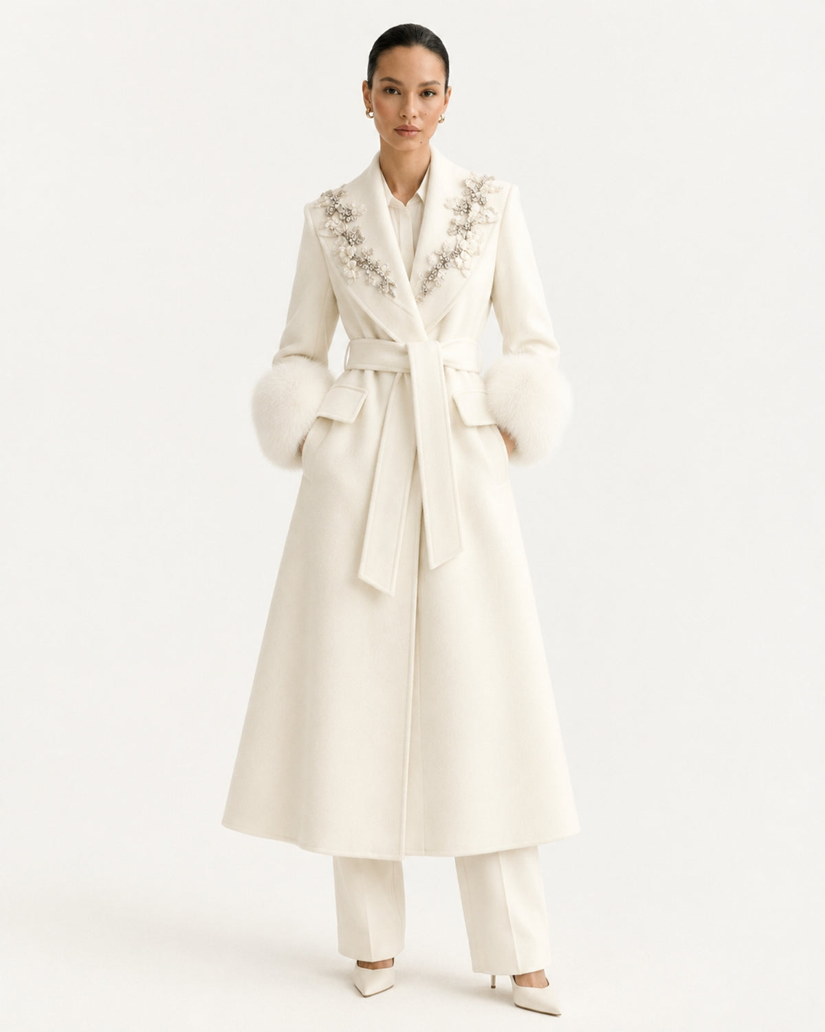 Hamptons Fox Fur Collar Embellished Wool Cashmere Coat