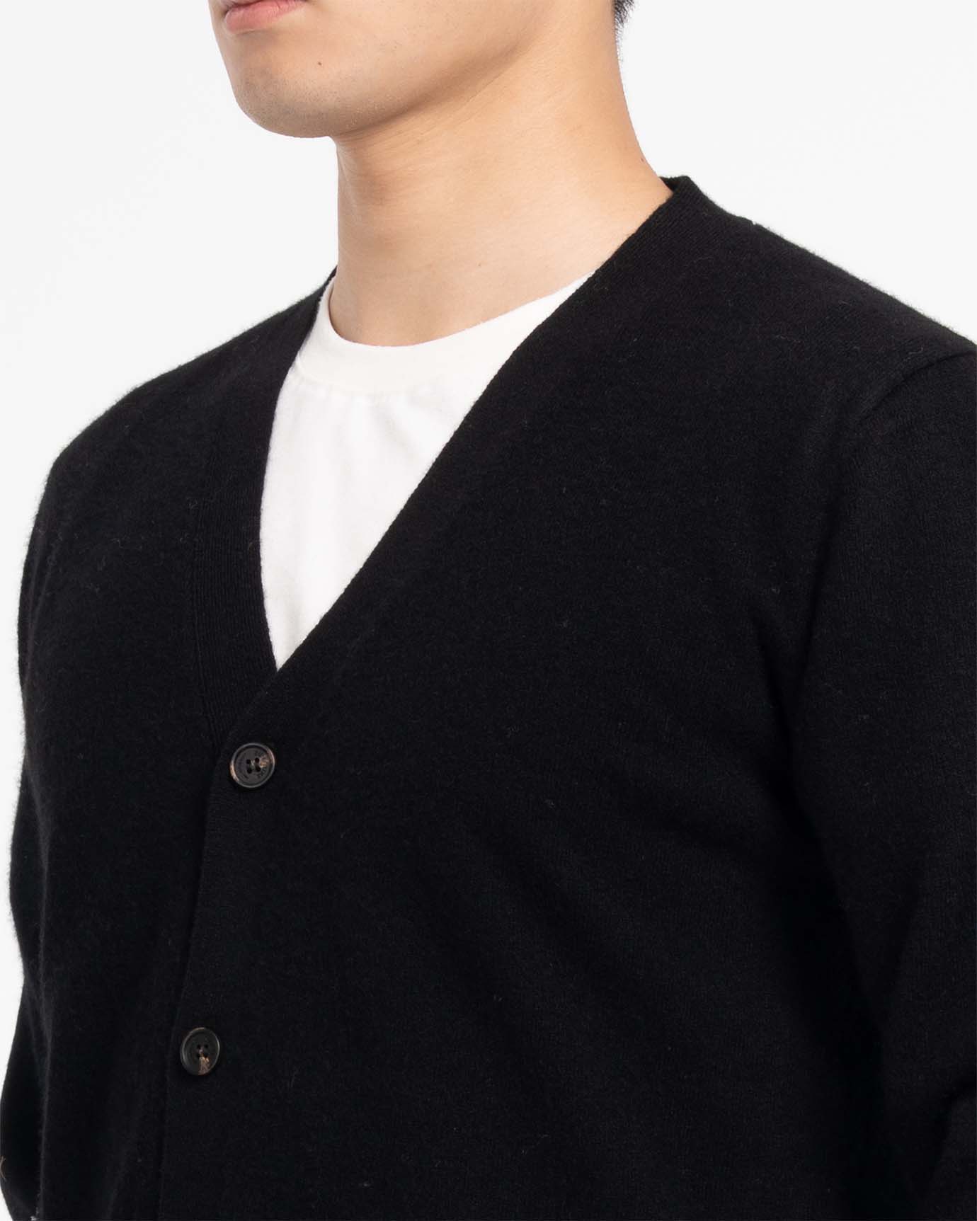 Detailed view of button-up front on wool cardigan