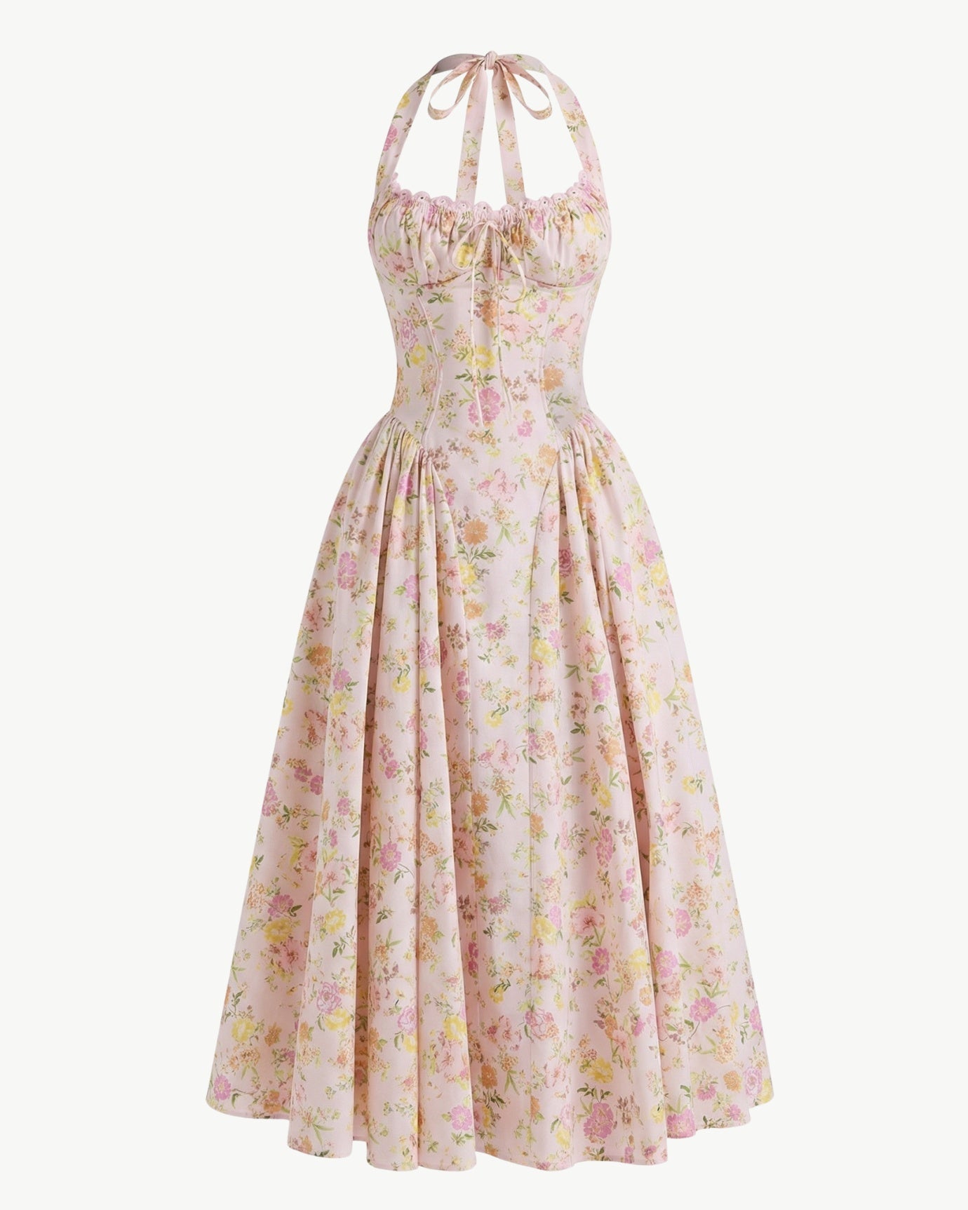 Vestido rosa con estampado Santorini y cuello halter