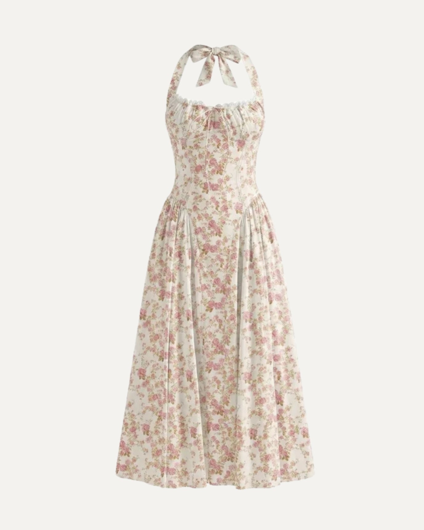 Halter Santorini dress in red floral print, Mediterranean style feminine silhouette