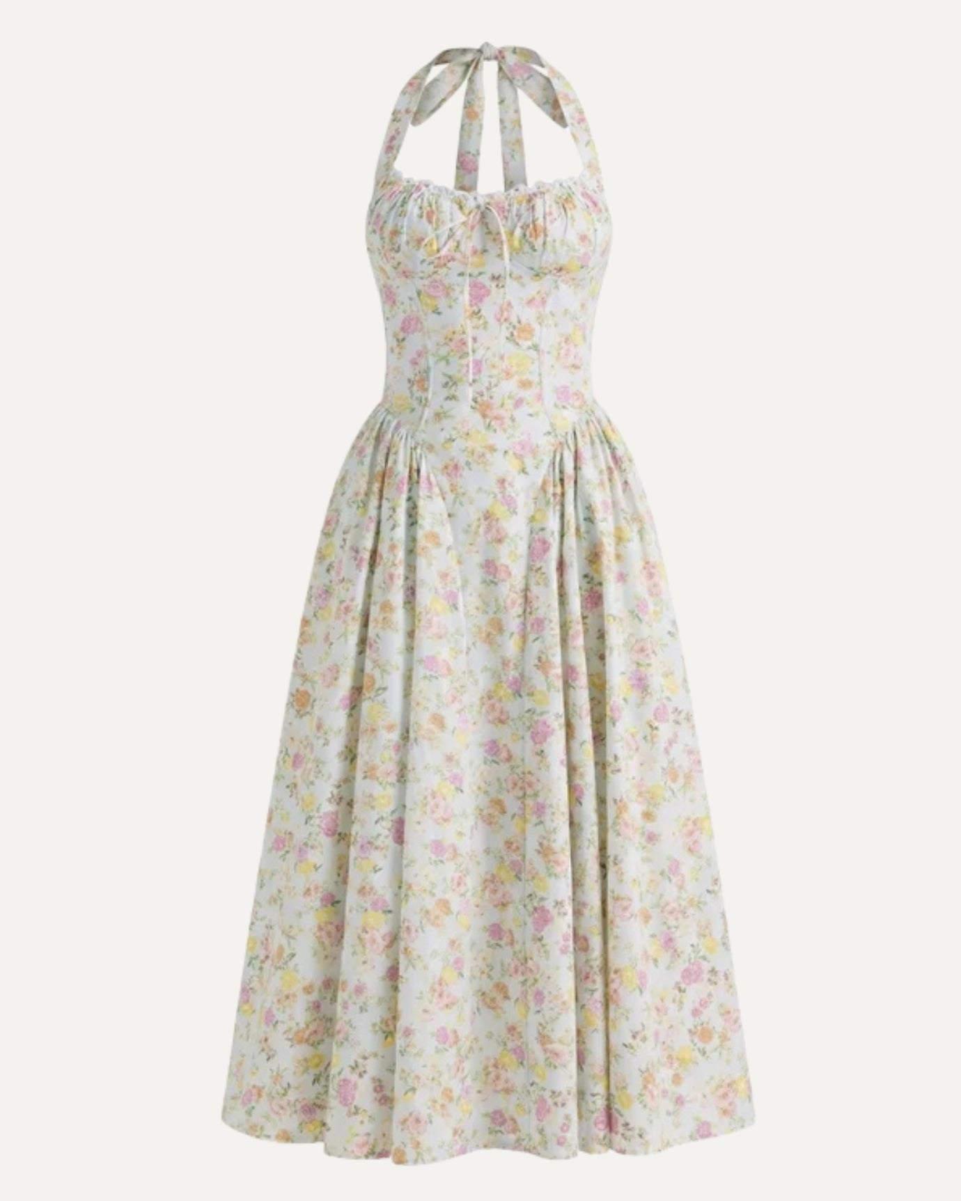 Halter Santorini dress in soft blue and pink floral, Mediterranean romantic aesthetic