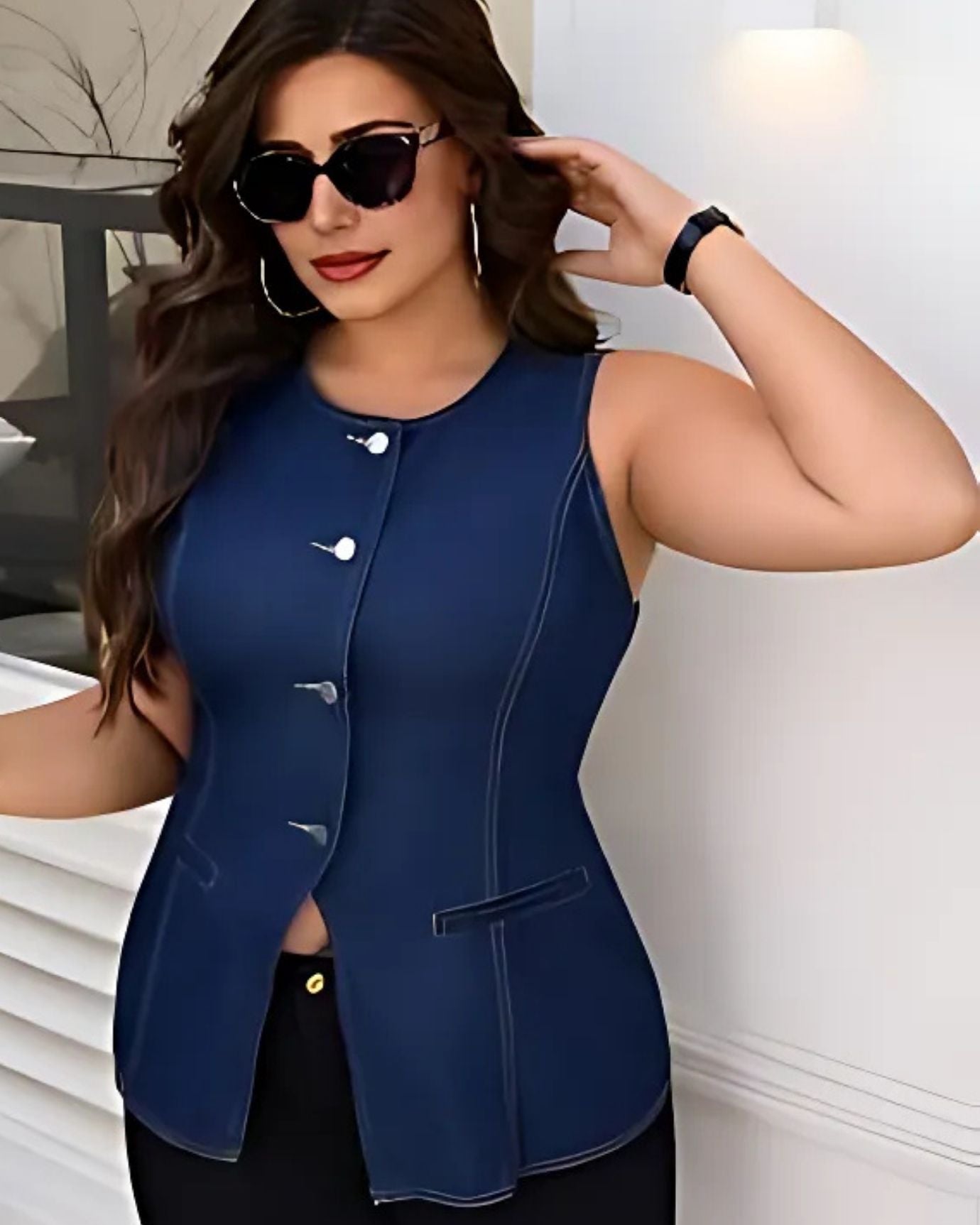 Lightweight stretch denim vest in classic blue