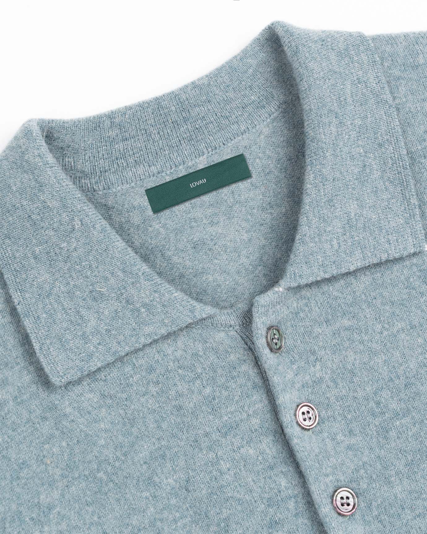 Long sleeve polo in gray green cashmere wool