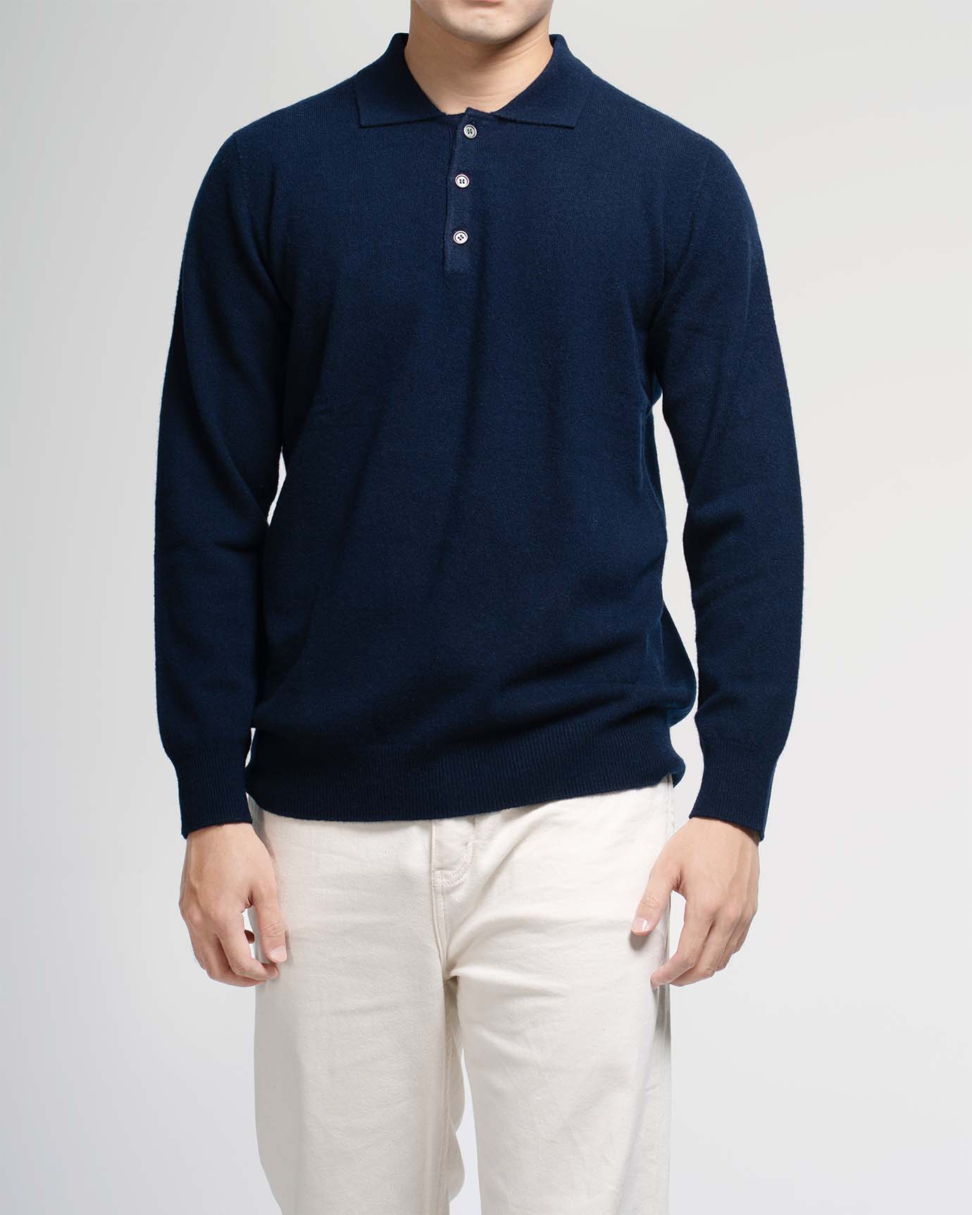"Dark blue cashmere long sleeve polo for men