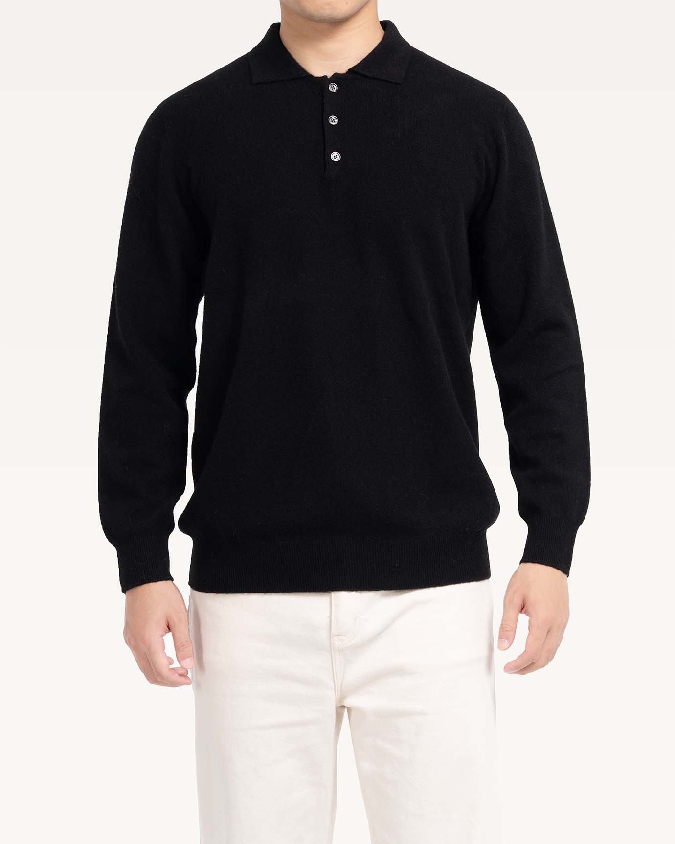 Warm black long sleeve polo shirt in soft cashmere
