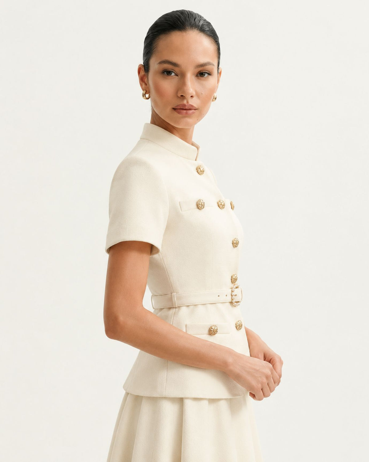 Off White Cinched-Waist Short-Sleeve Top and Long Skirt Set