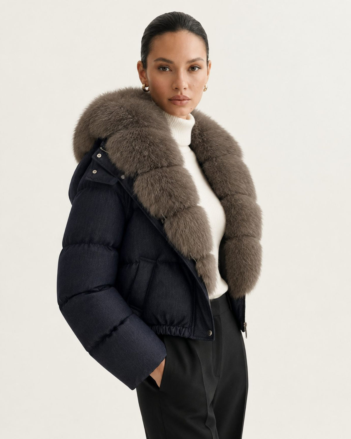 Navy Blue Duck Down Puffer with Detachable Fox Fur Collar