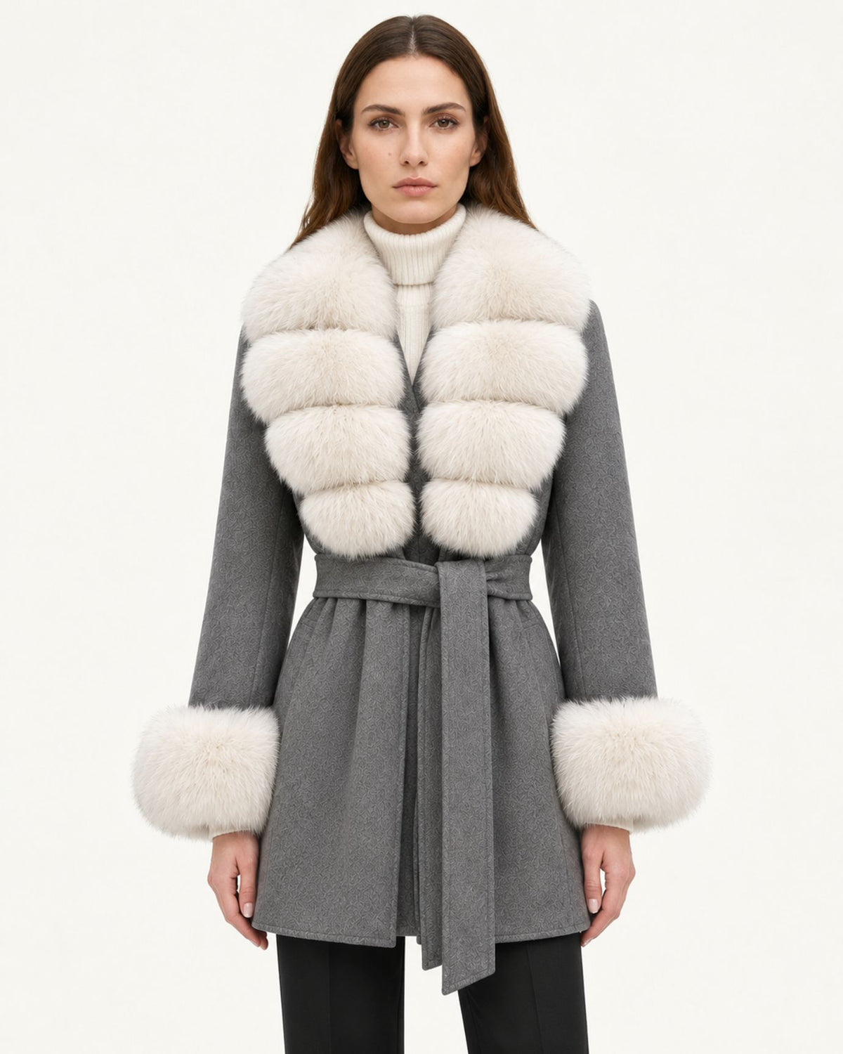 Mira Belted Mid-Length Wool Coat with Fox Fur Collar