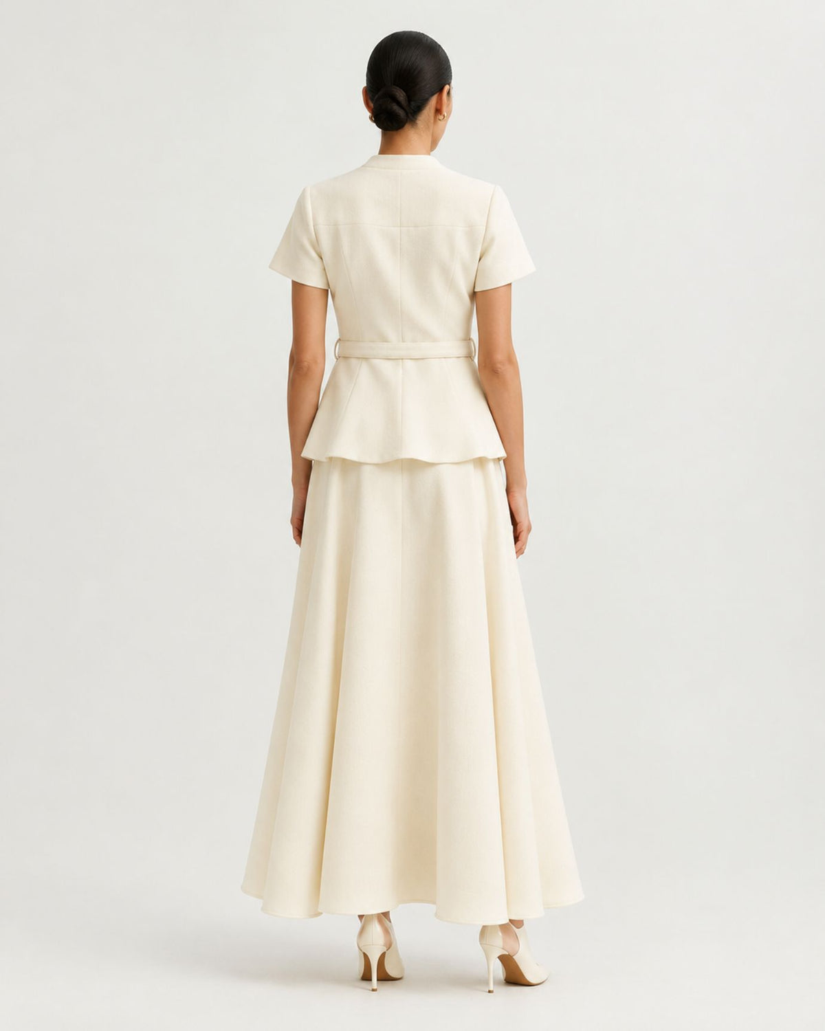 Off White Cinched-Waist Short-Sleeve Top and Long Skirt Set