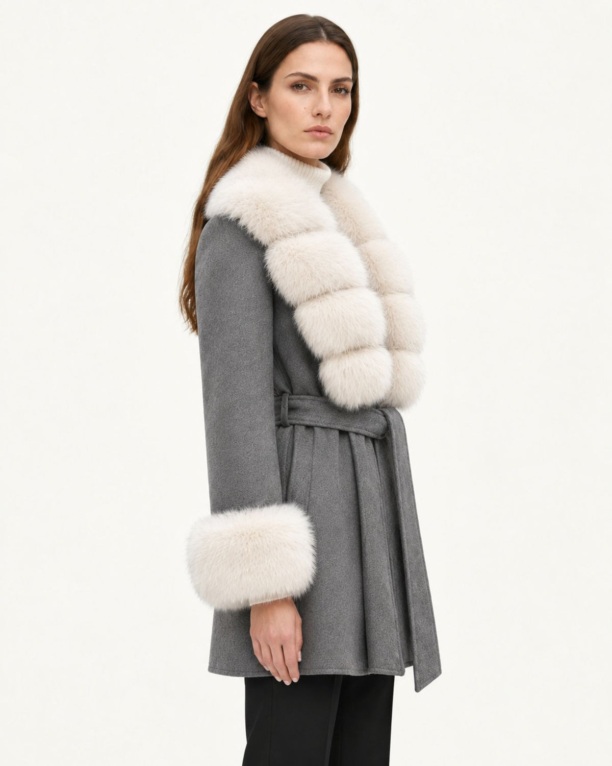 Mira Belted Mid-Length Wool Coat with Fox Fur Collar