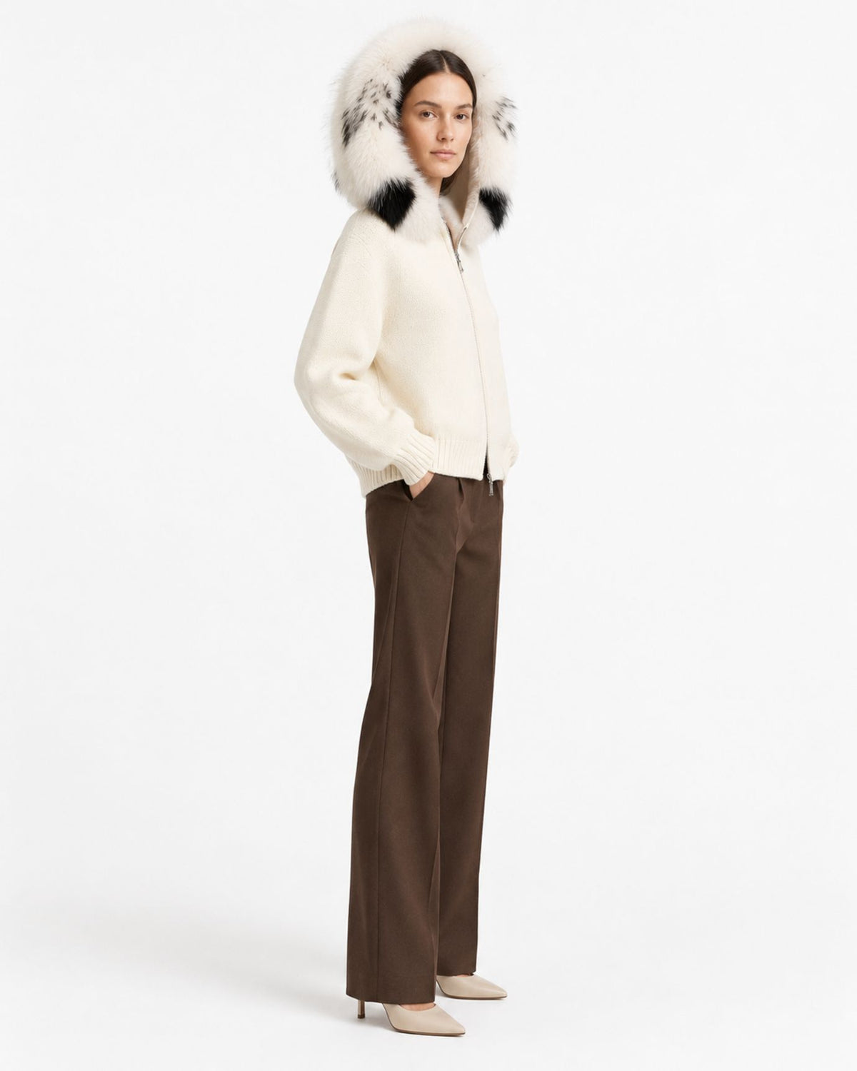 Hooded Knit Cardigan with Removable Fox Fur Trim