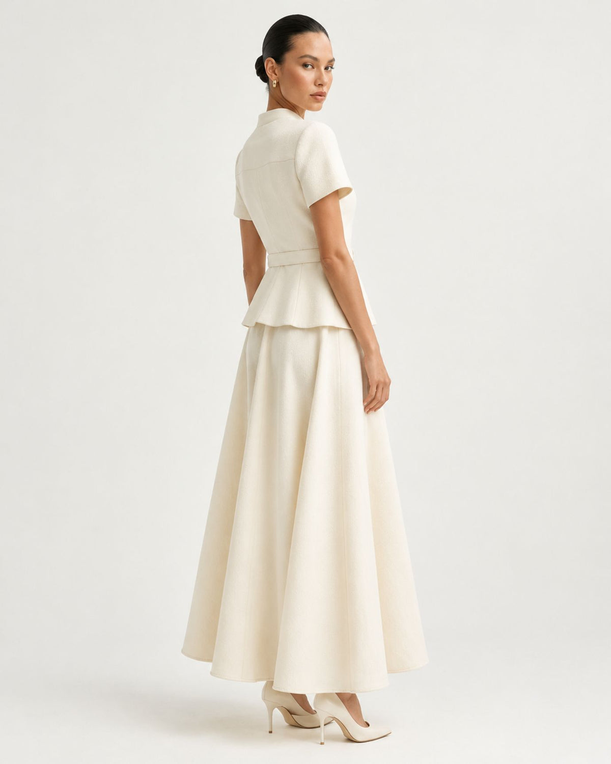 Off White Cinched-Waist Short-Sleeve Top and Long Skirt Set