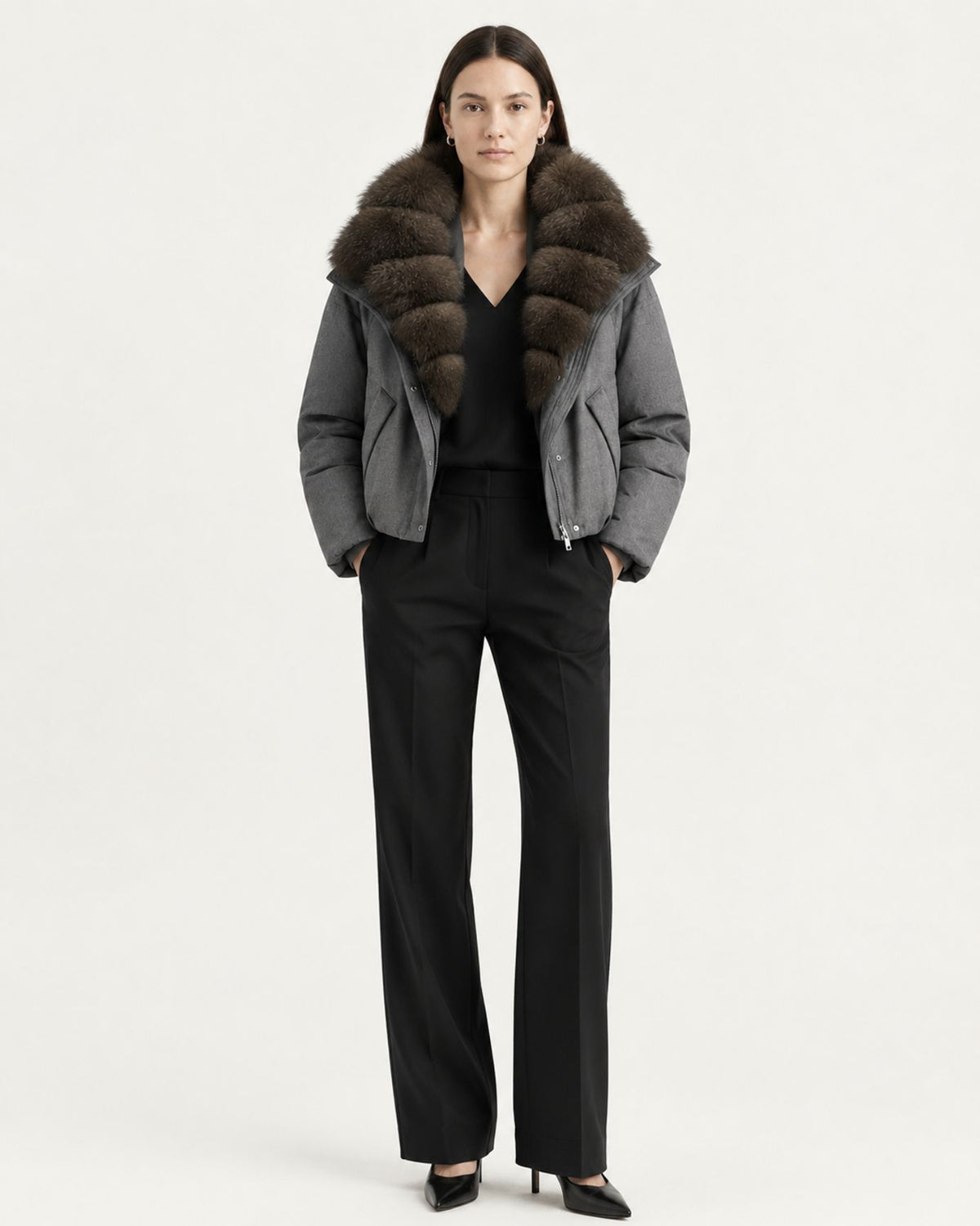 Relaxed-Fit Down Coat with Natural Fox Fur Collar