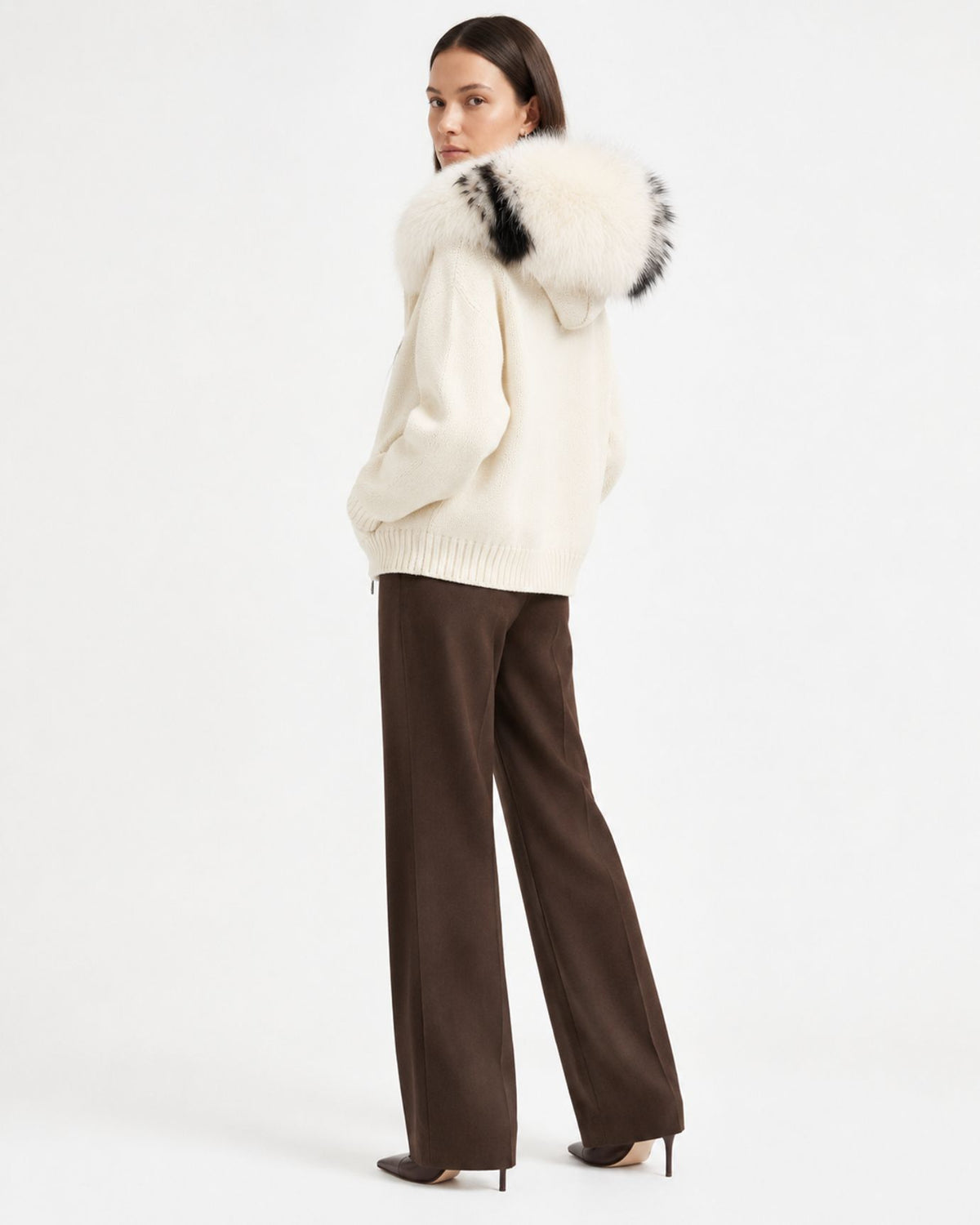 Hooded Knit Cardigan with Removable Fox Fur Trim