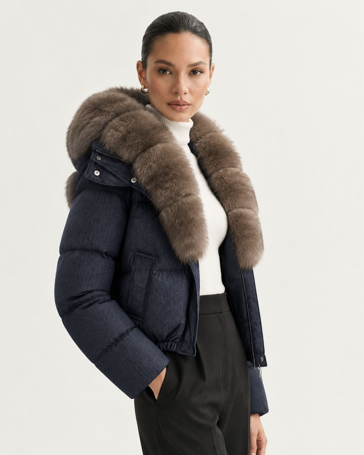 Navy Blue Duck Down Puffer with Detachable Fox Fur Collar