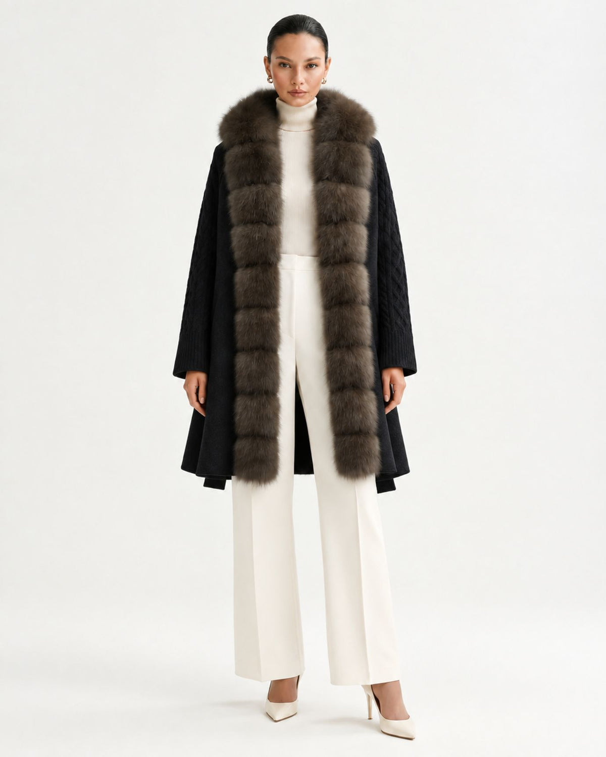 Zira Belted Long Wool Coat with Fox Fur Placket