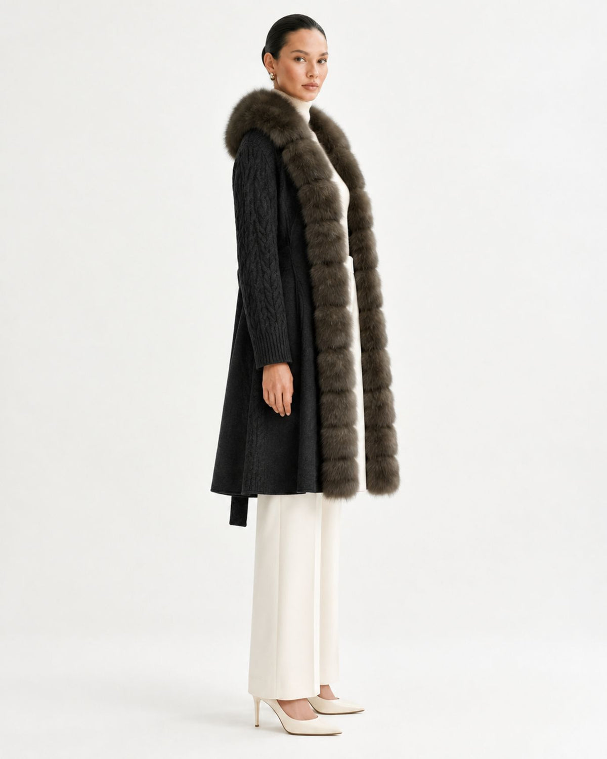 Zira Belted Long Wool Coat with Fox Fur Placket