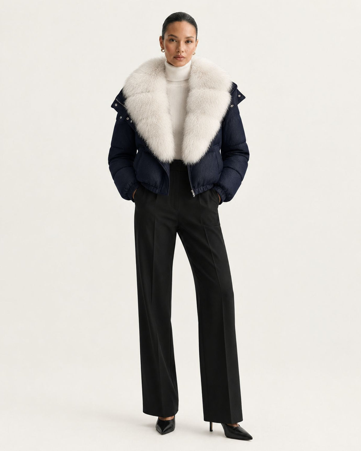 Navy Blue Duck Down Puffer with Detachable Fox Fur Collar