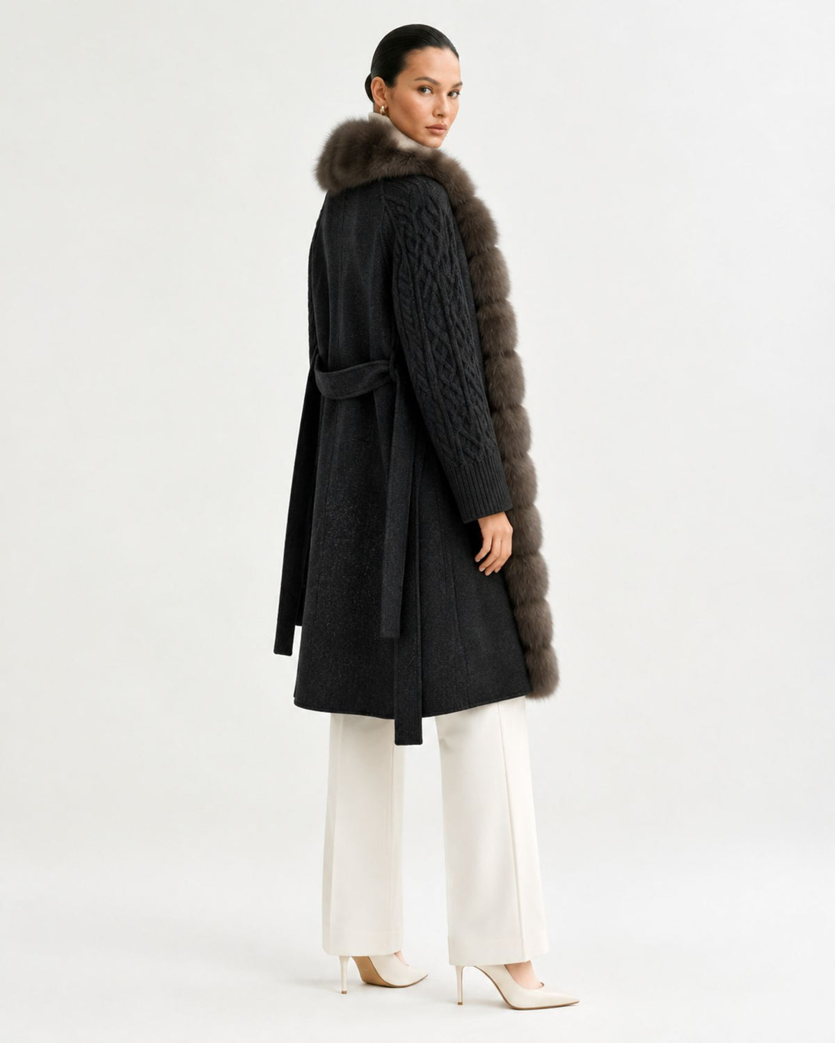 Zira Belted Long Wool Coat with Fox Fur Placket