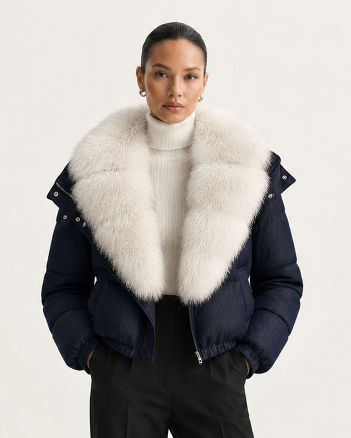 Navy Blue Duck Down Puffer with Detachable Fox Fur Collar