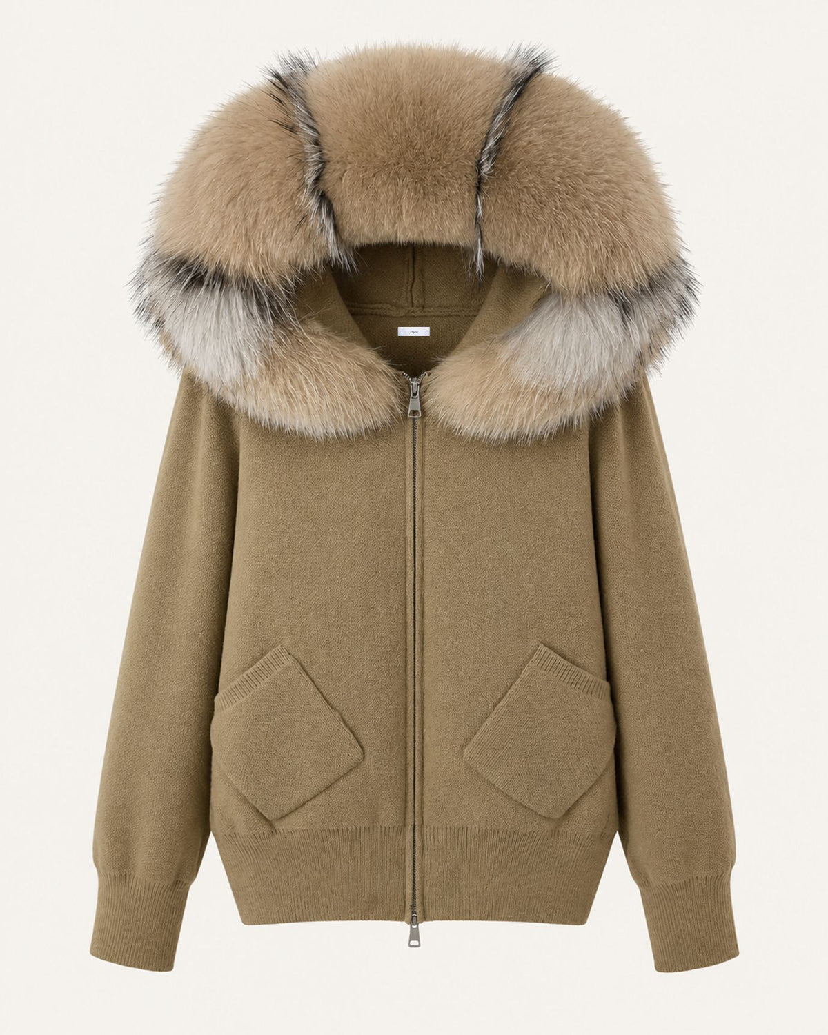 Hooded Knit Cardigan with Removable Fox Fur Trim