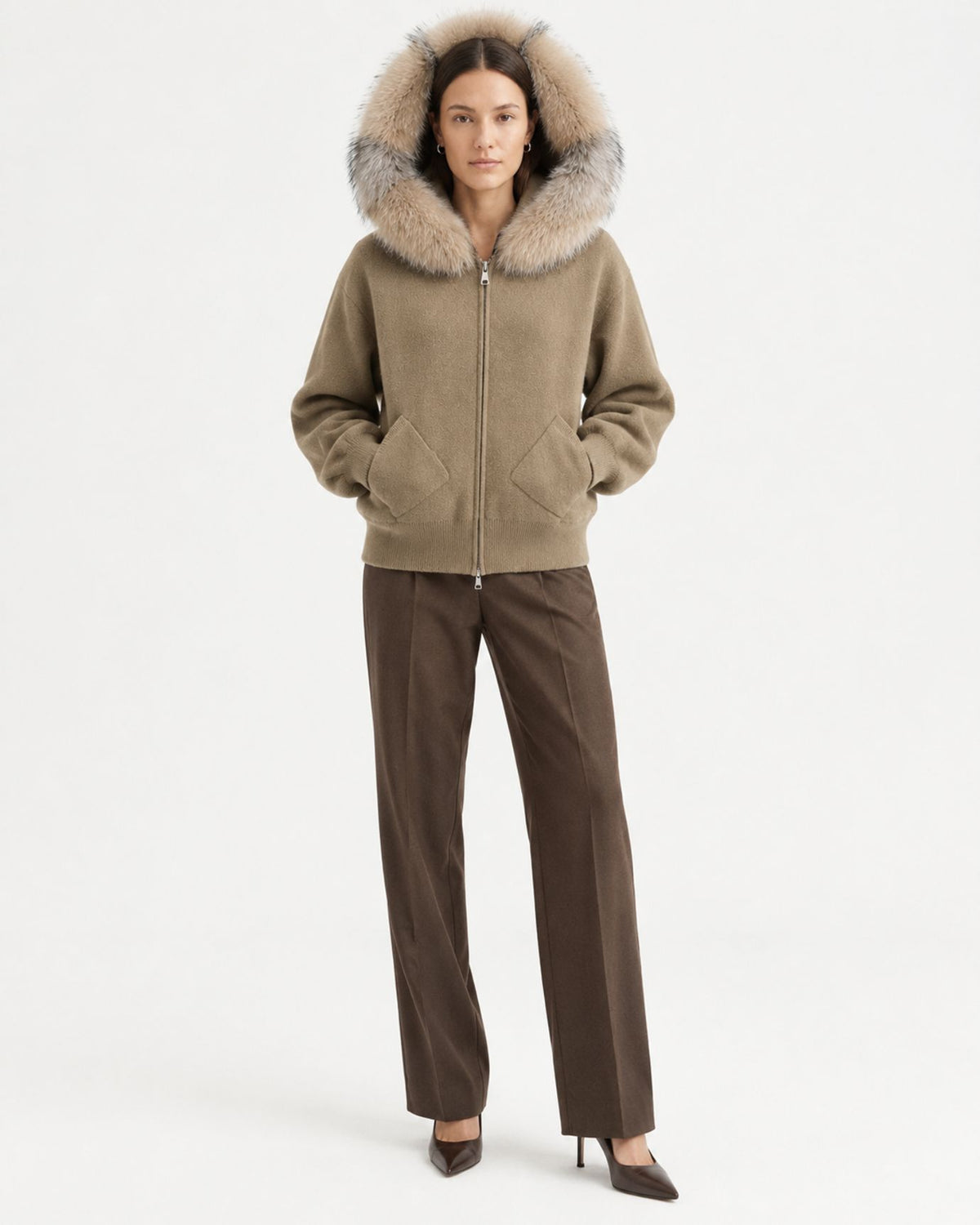 Hooded Knit Cardigan with Removable Fox Fur Trim