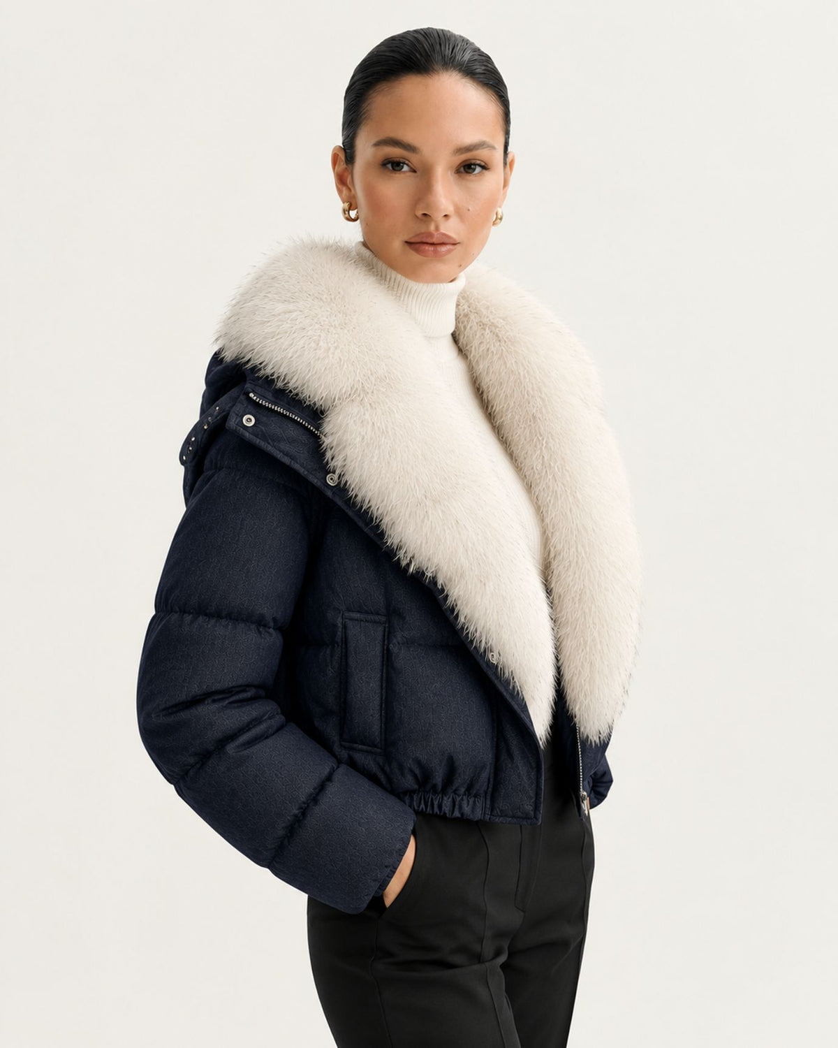 Navy Blue Duck Down Puffer with Detachable Fox Fur Collar