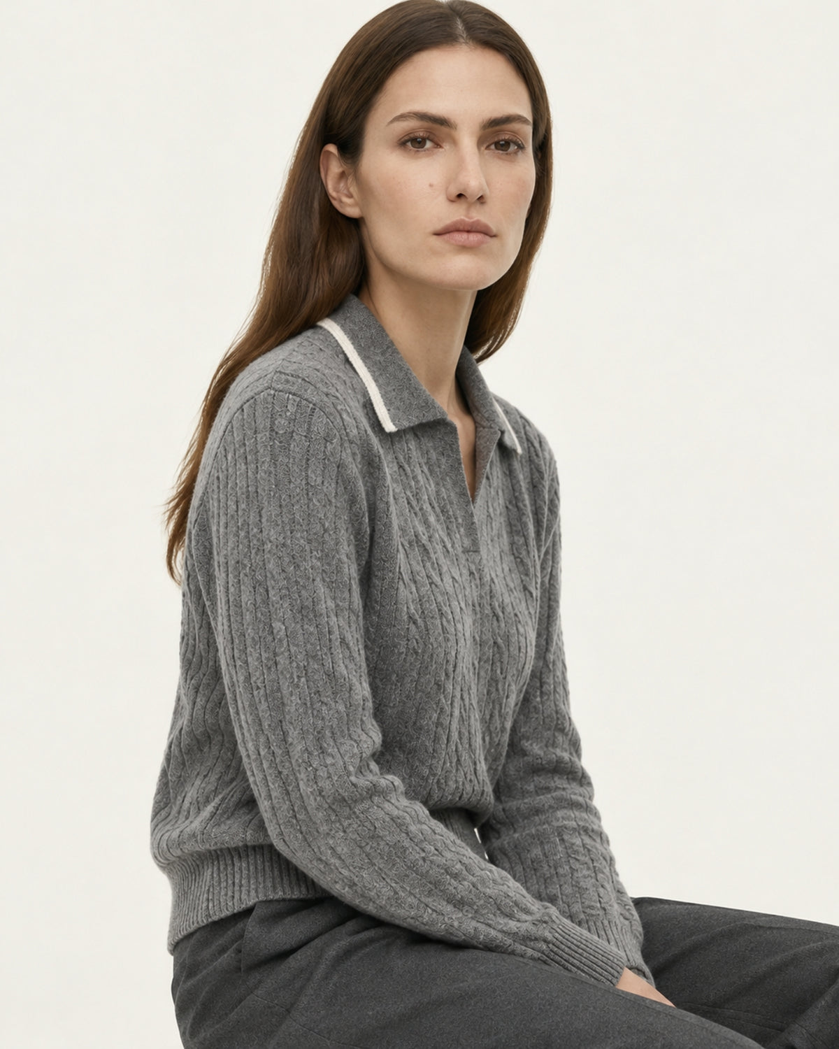 Collared Cable Knit Cashmere Sweater Polo
