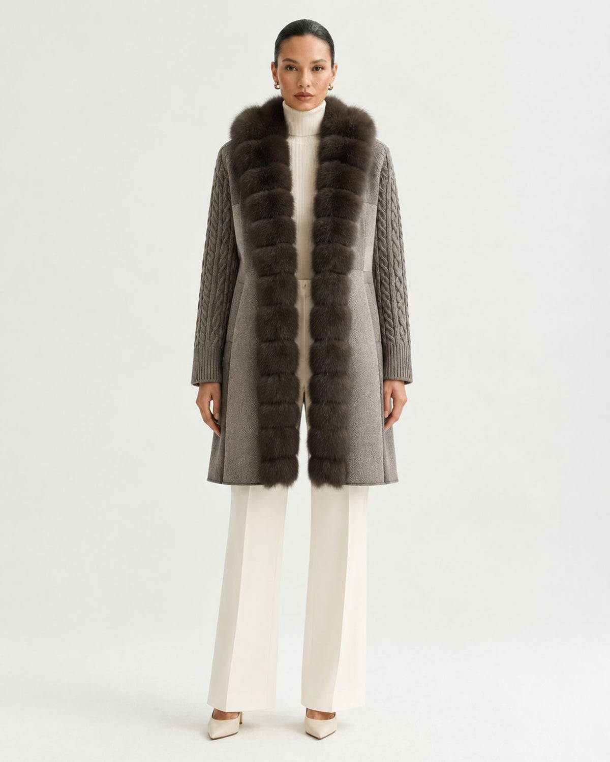 Zira Belted Long Wool Coat with Fox Fur Placket