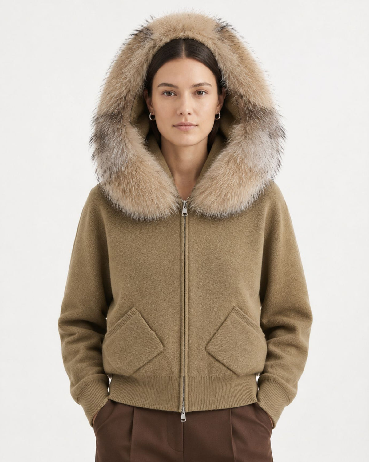 Hooded Knit Cardigan with Removable Fox Fur Trim