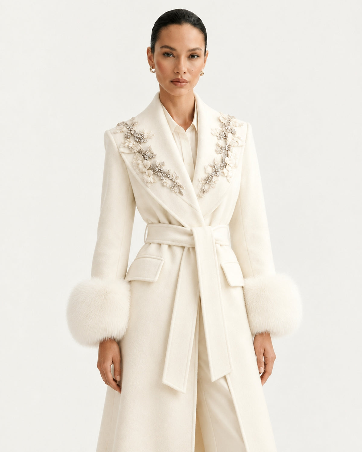 Hamptons Fox Fur Collar Embellished Wool Cashmere Coat