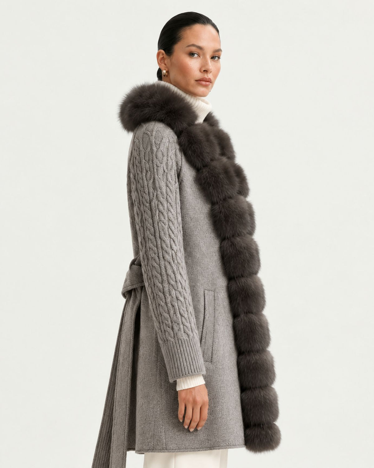 Zira Belted Long Wool Coat with Fox Fur Placket