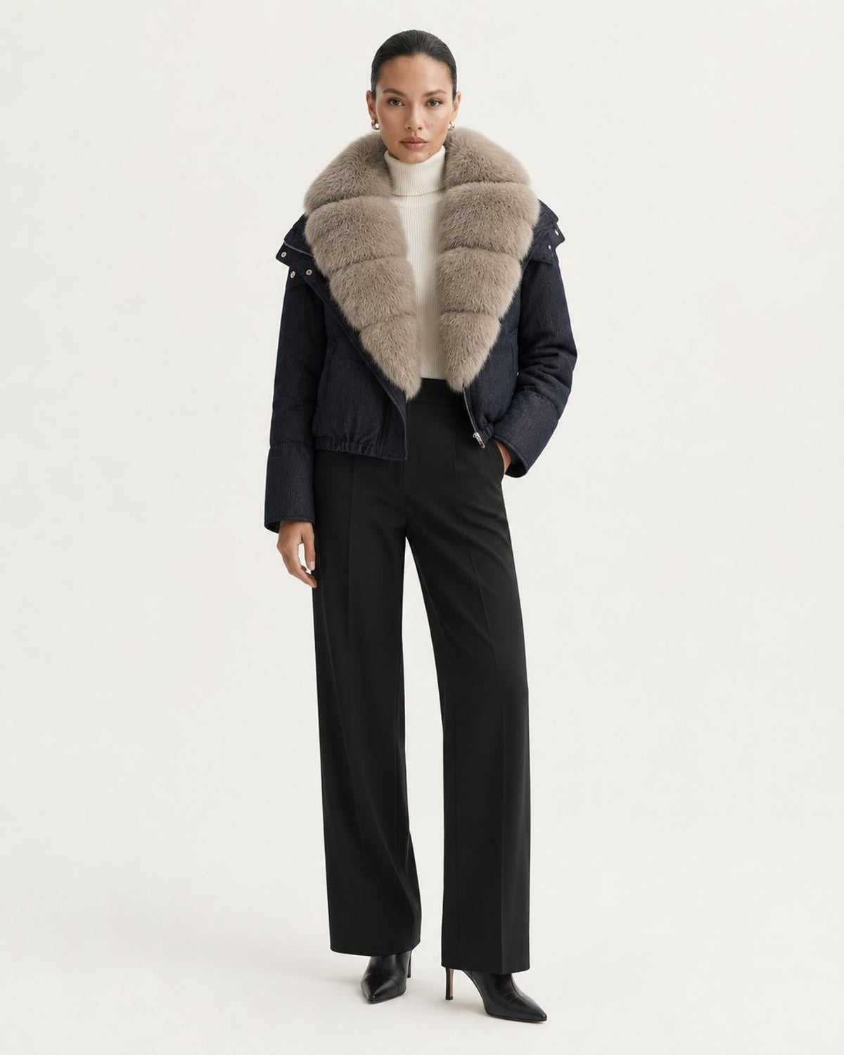 Navy Blue Duck Down Puffer with Detachable Fox Fur Collar