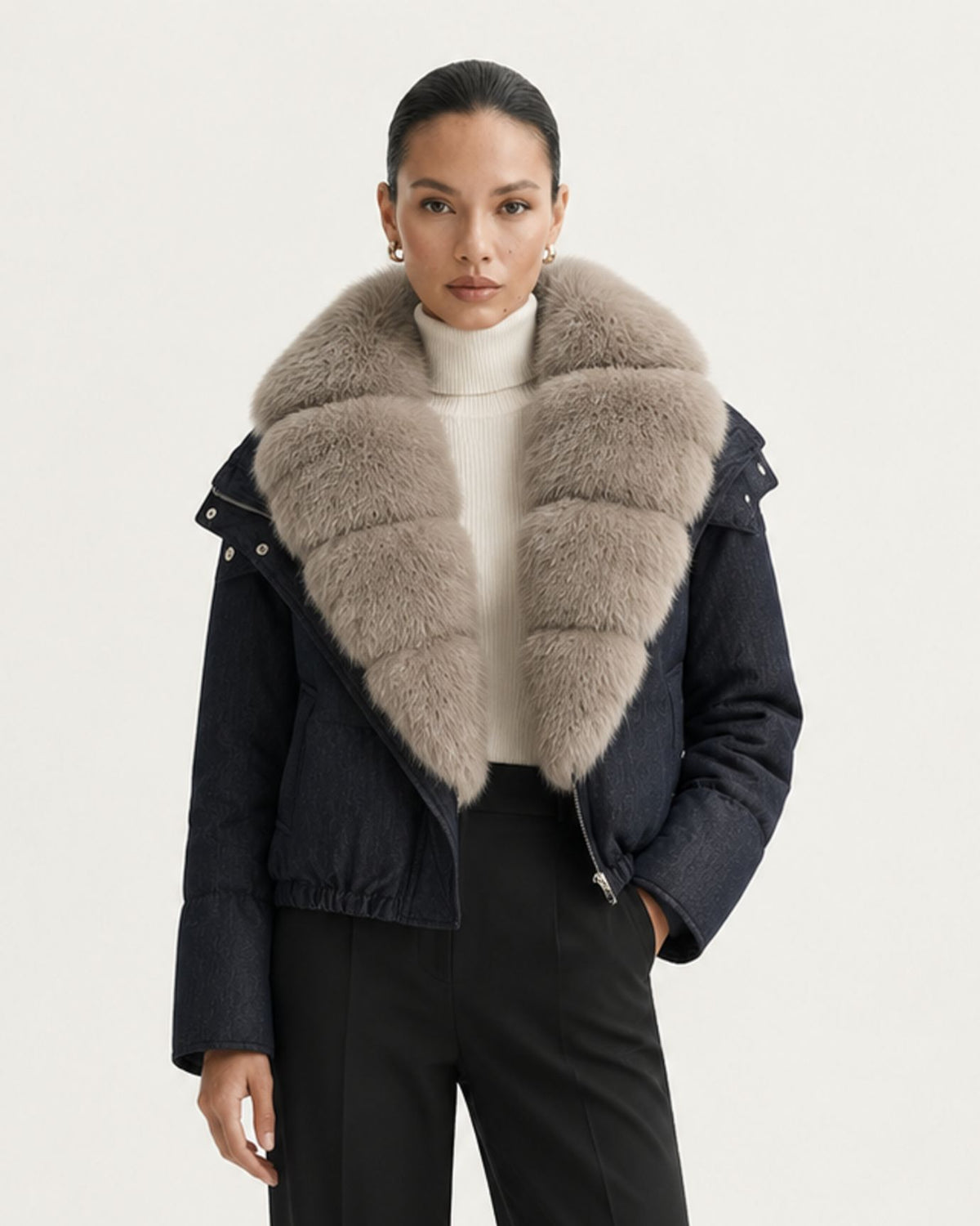 Navy Blue Duck Down Puffer with Detachable Fox Fur Collar