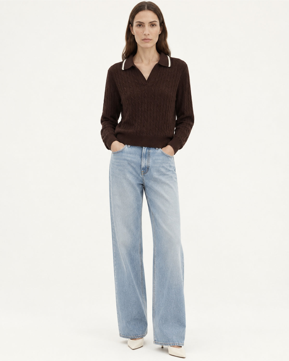 Collared Cable Knit Cashmere Sweater Polo