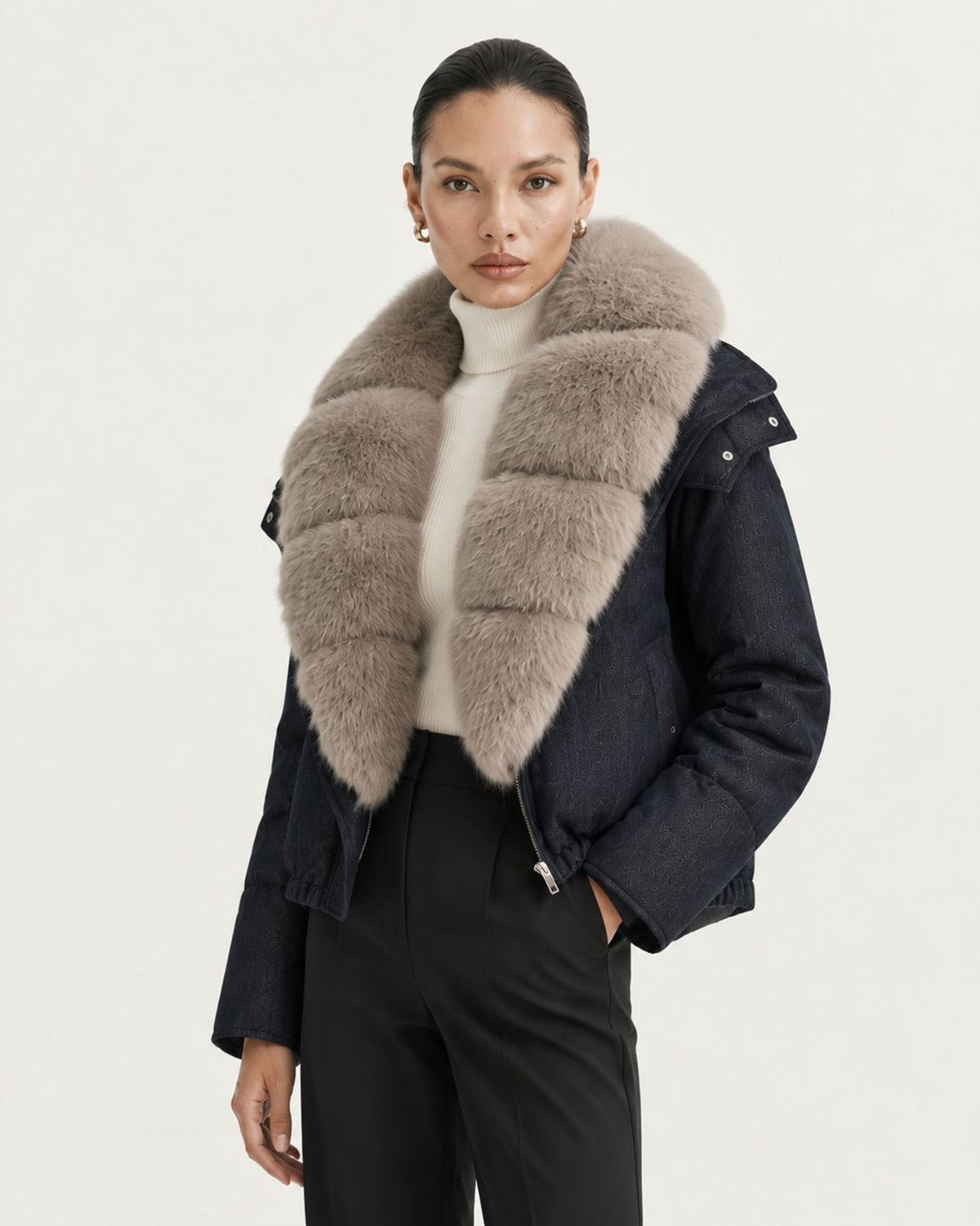 Navy Blue Duck Down Puffer with Detachable Fox Fur Collar