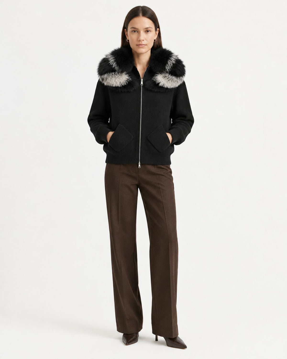 Hooded Knit Cardigan with Removable Fox Fur Trim