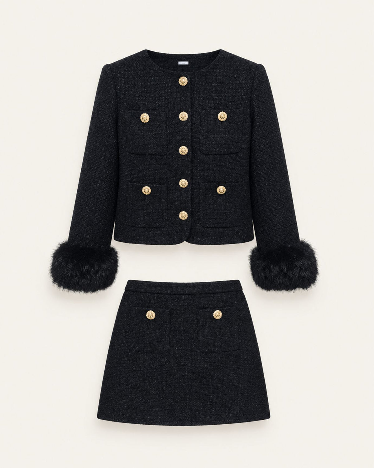 Tailored Black Wool Jacket and High-Waisted Skirt Set