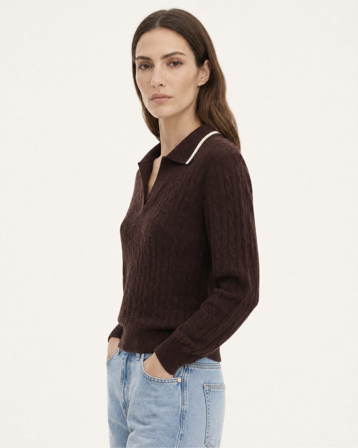 Collared Cable Knit Cashmere Sweater Polo