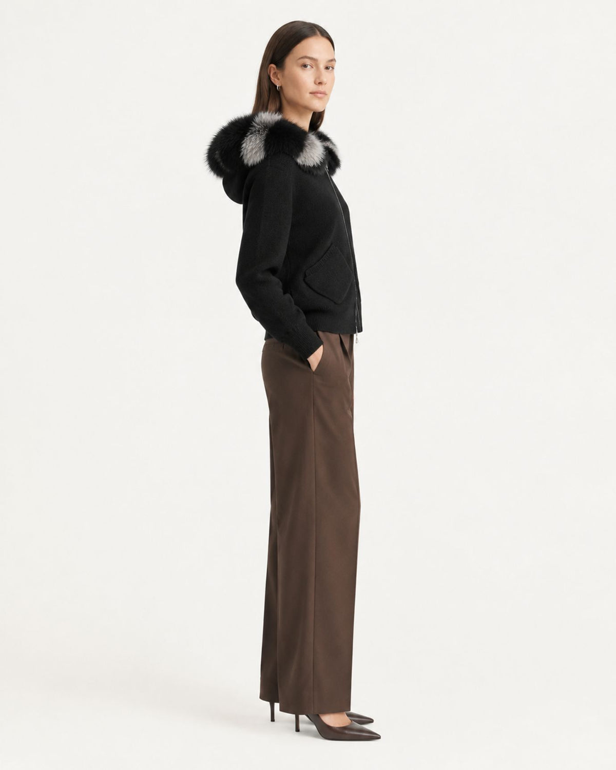 Hooded Knit Cardigan with Removable Fox Fur Trim