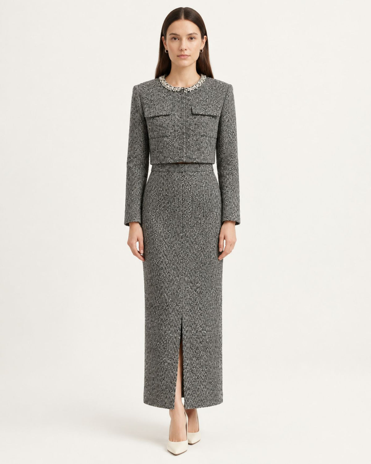 High-Waisted Dark Gray Wool Maxi Skirt & Cardigan set