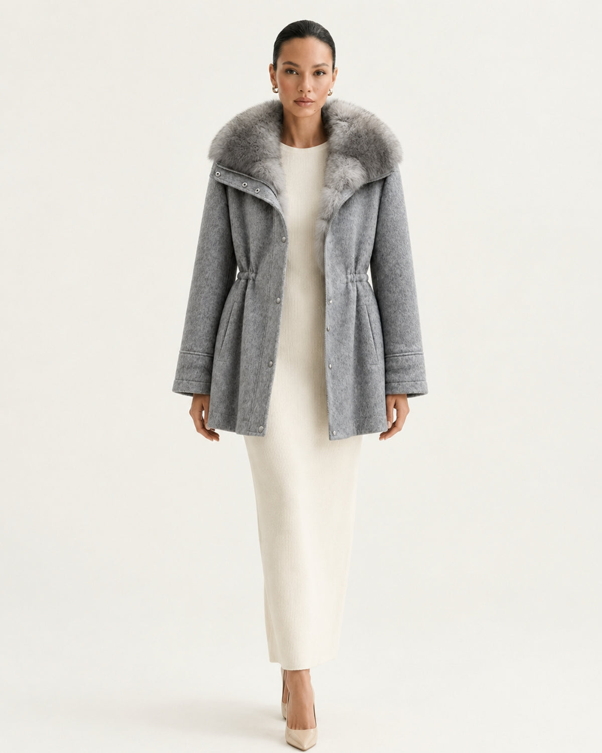 Rabbit Lined Wool Parka with Fox Fur Collar