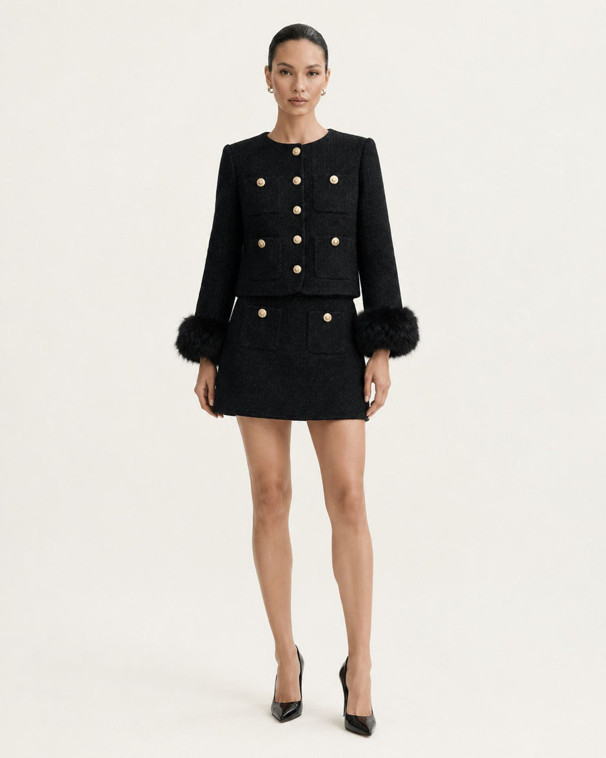 Tailored Black Wool Jacket and High-Waisted Skirt Set