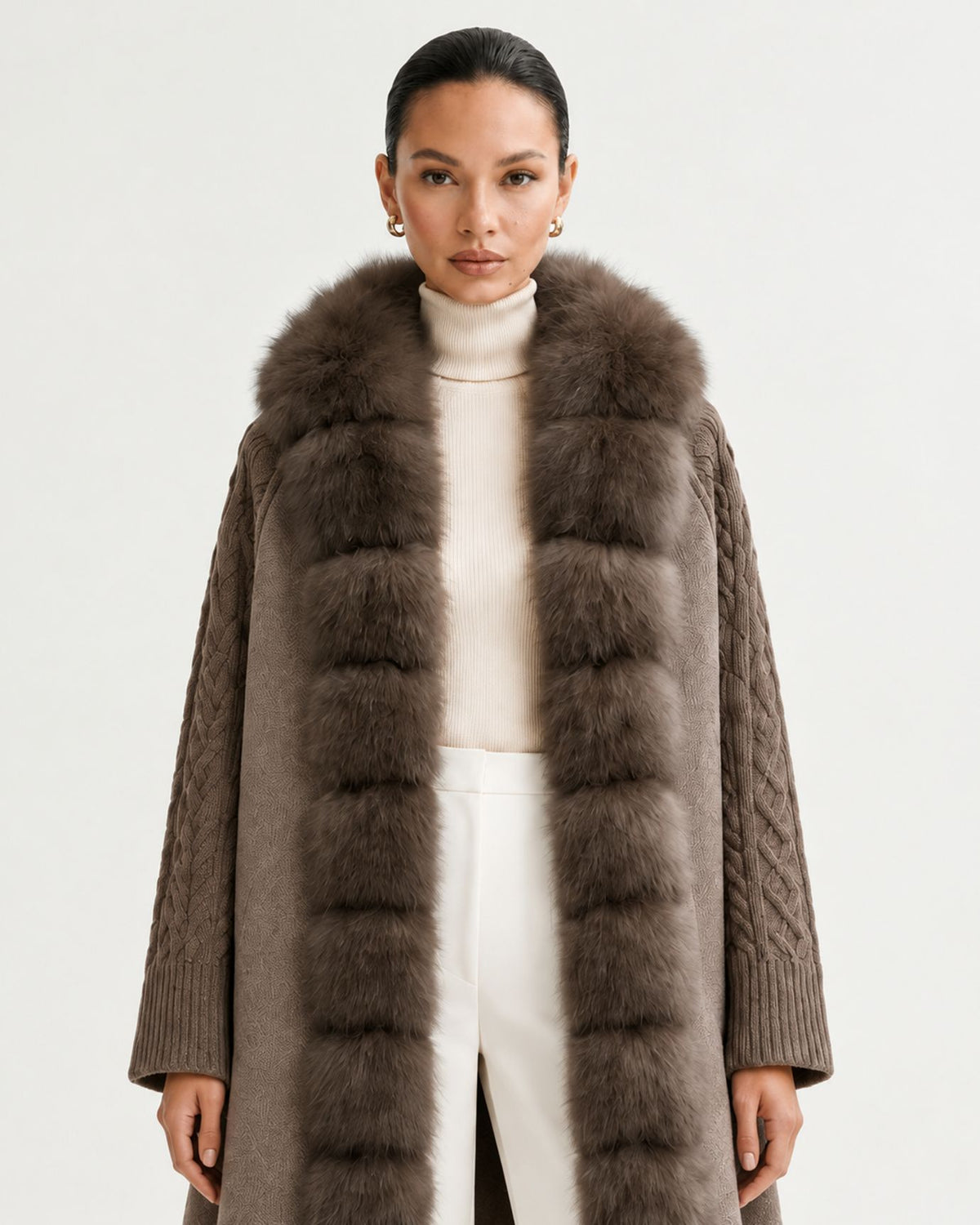 Zira Belted Long Wool Coat with Fox Fur Placket